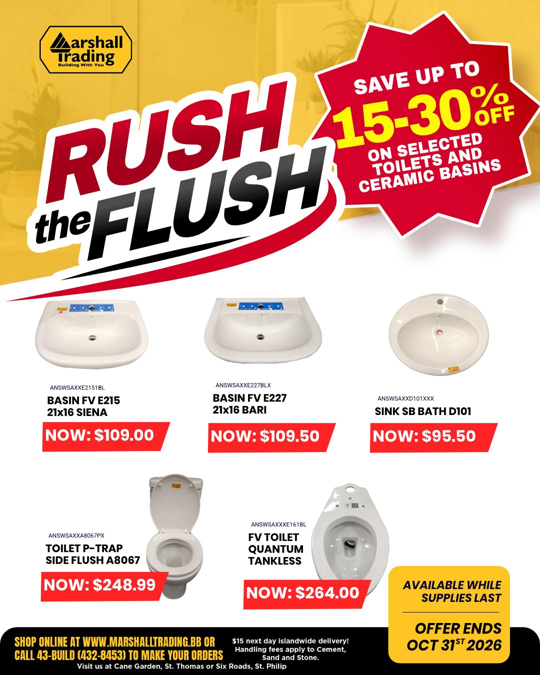 Rush the Flush Sale – Up to 30% Off Toilets & Ceramic Basins
