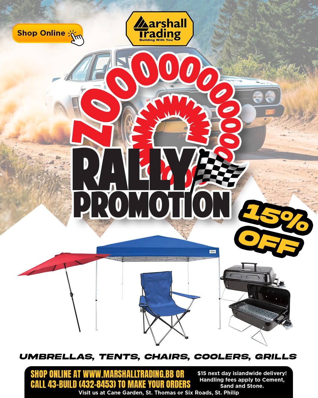 Marshall Trading Zoom Rally Promotion – 15% Off Umbrellas, Tents, Chairs, Coolers & Grills
