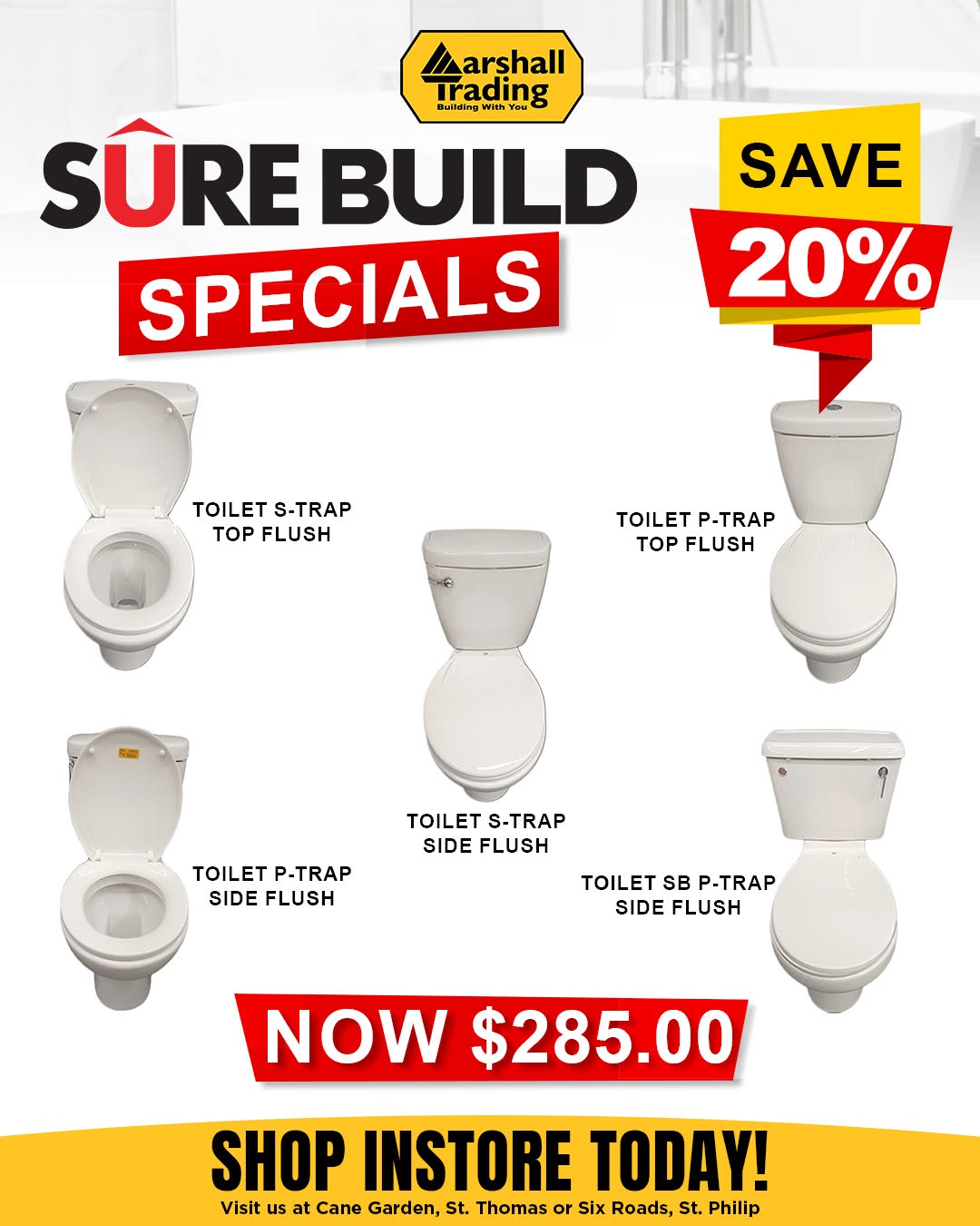 SureBuild Toilets 20% Off – Now $285.00 at Marshall Trading