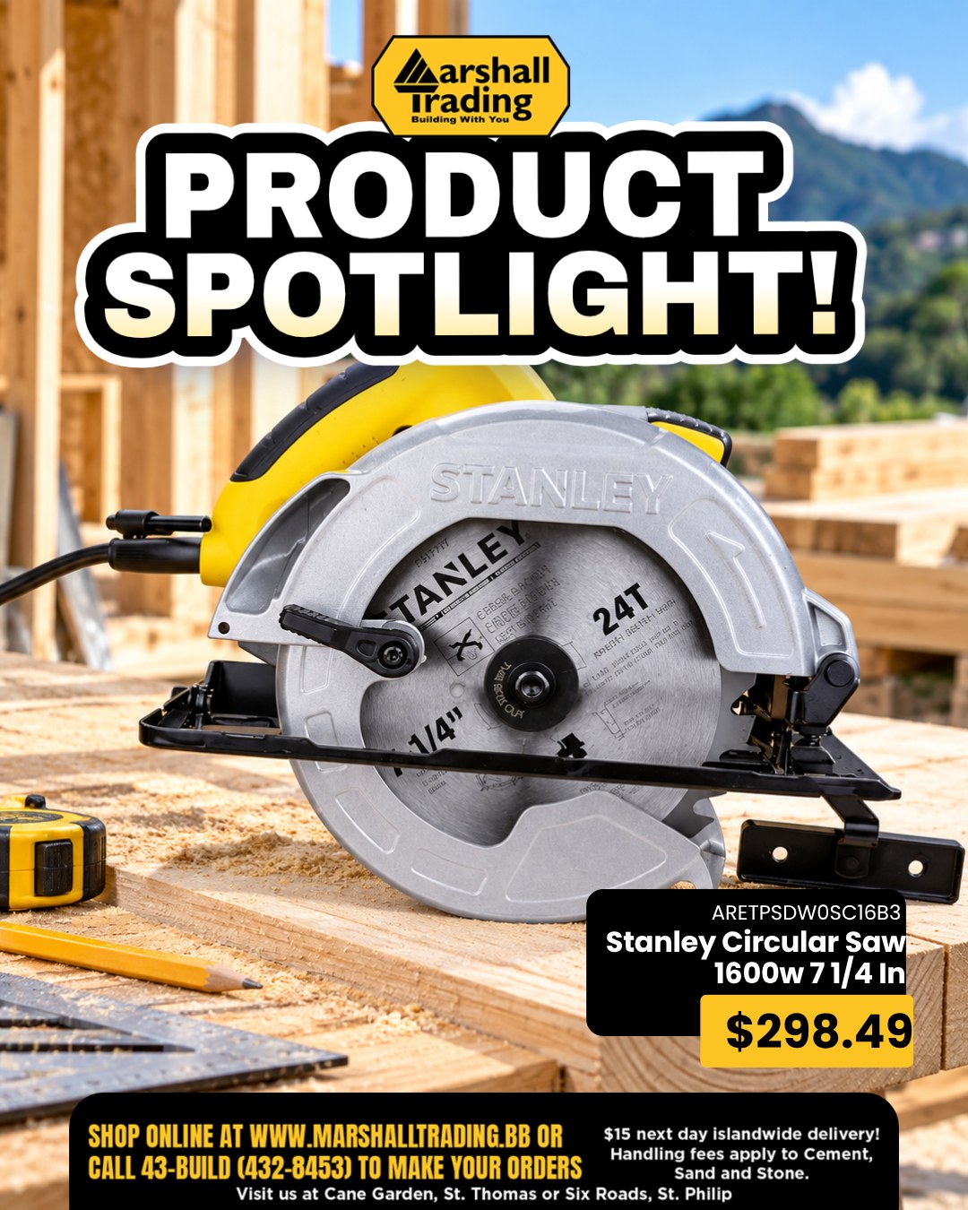 Stanley 1600W 7 1/4" Circular Saw for $298.49 at Marshall Trading