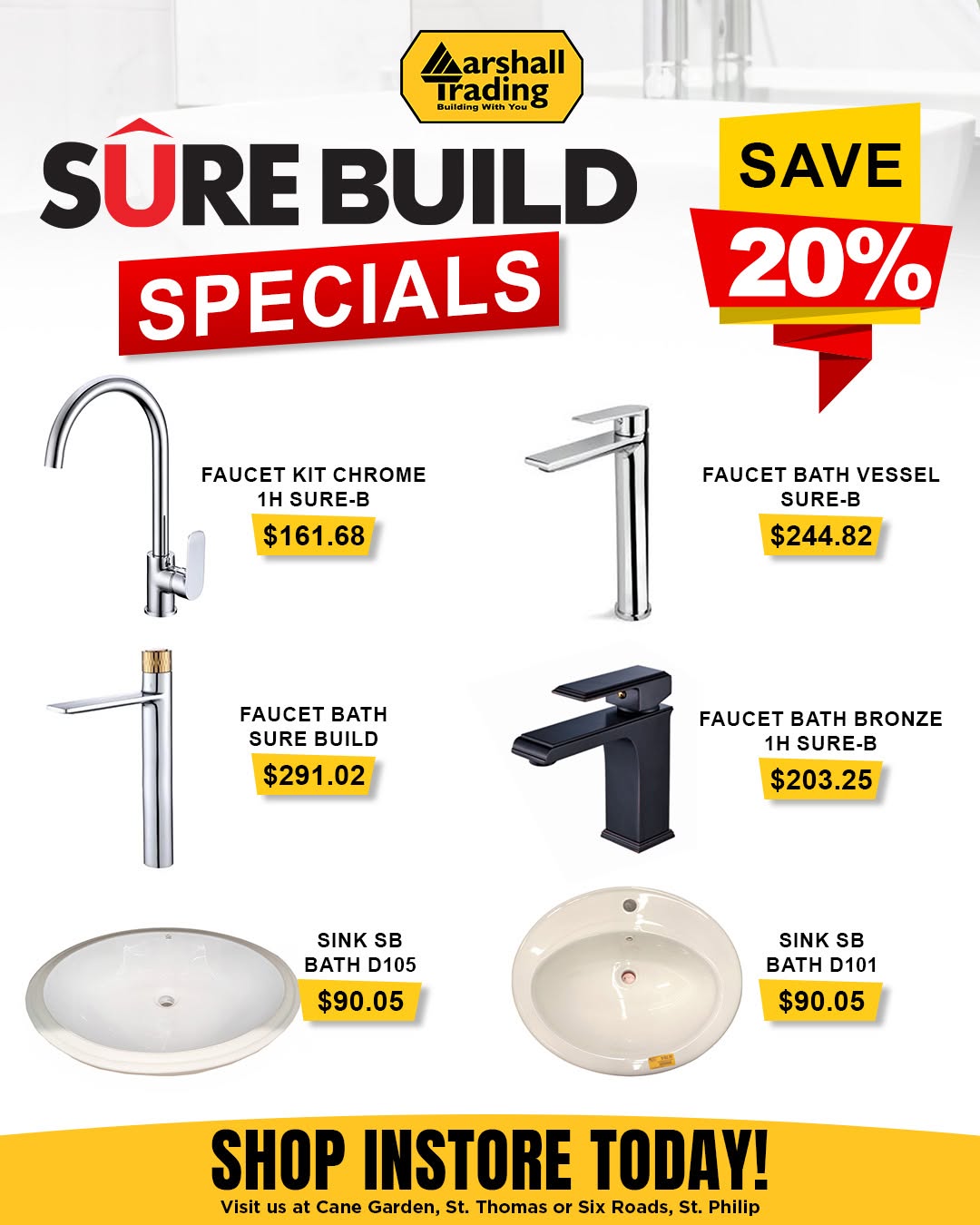 SureBuild Specials – Save 20% on Faucets & Basins at Marshall Trading