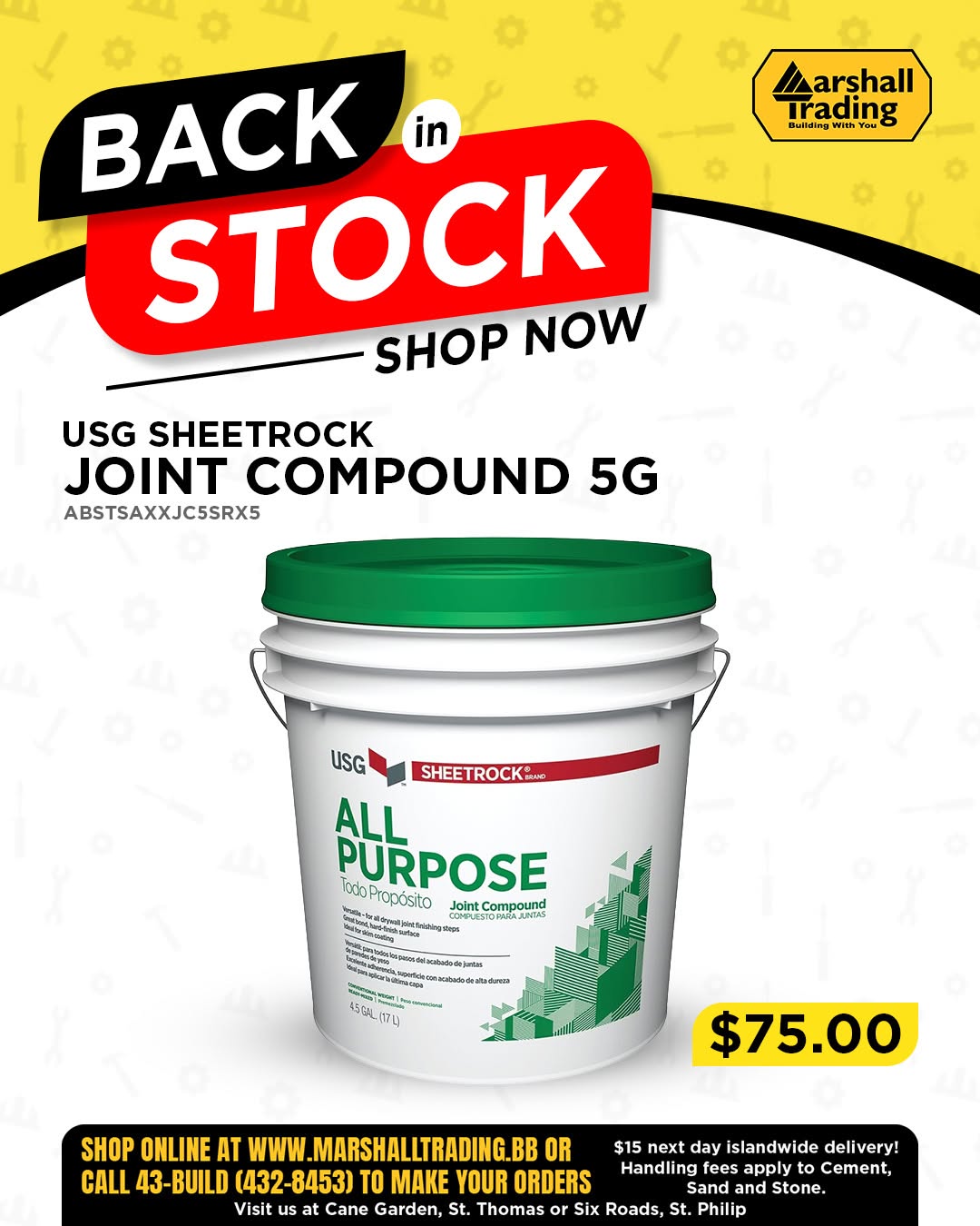 USG Sheetrock Joint Compound 5G – Back in Stock at $75.00
