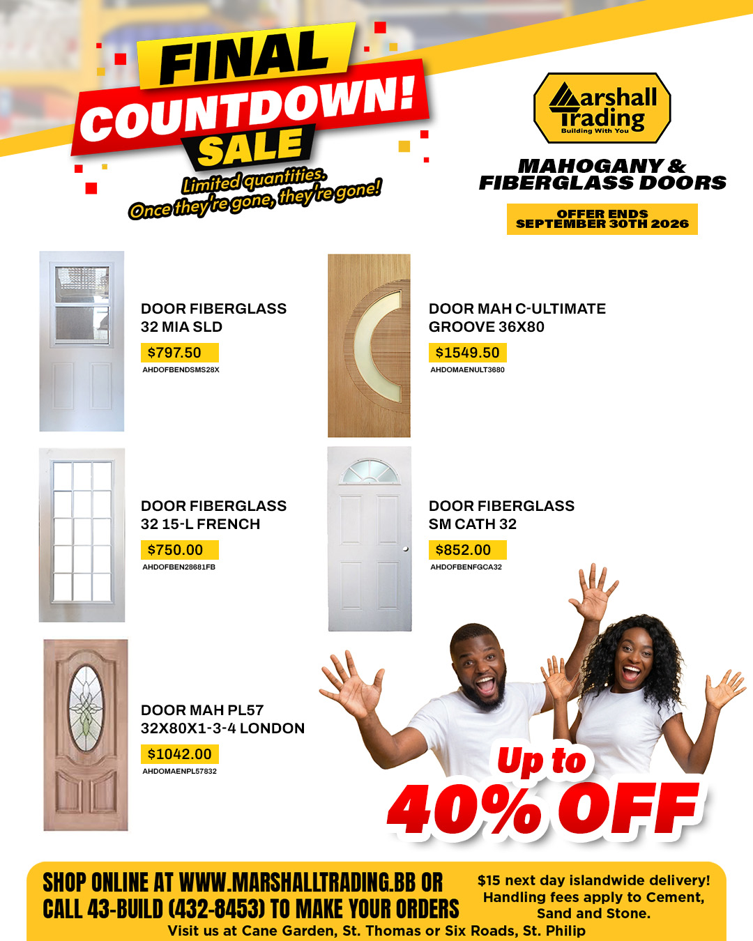 Final Countdown Sale – Up to 40% Off Selected Mahogany & Fiberglass Doors