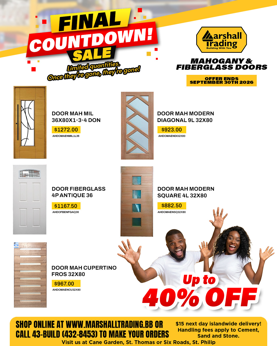Final Countdown Sale – Up to 40% Off Selected Mahogany & Fiberglass Doors