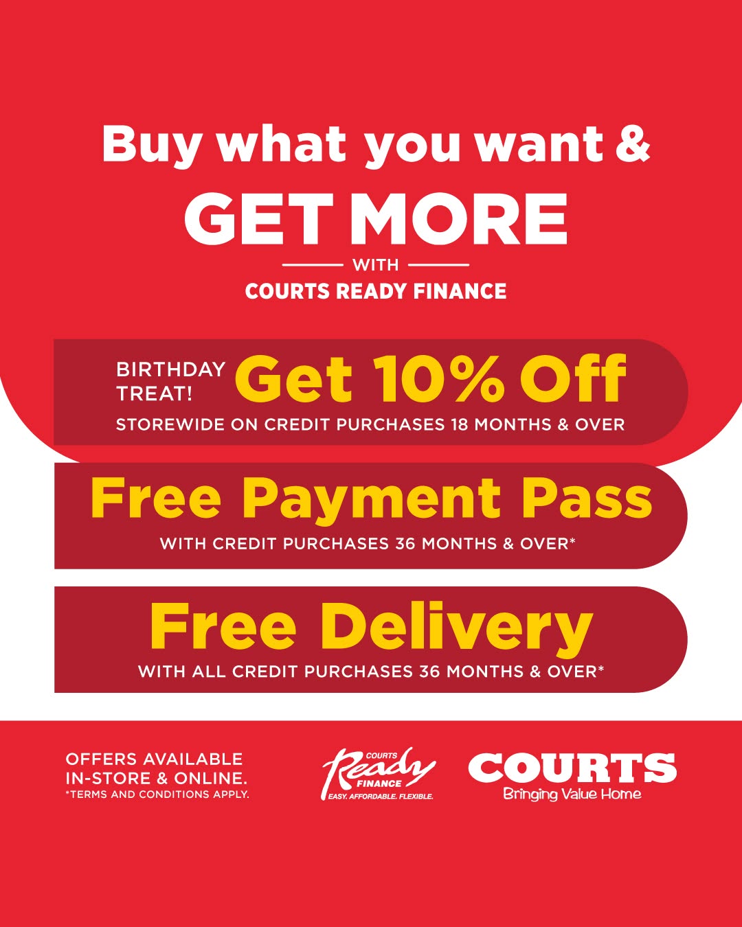 Courts Ready Finance: 10% Off Birthday Treat + Free Payment Pass & Free Delivery