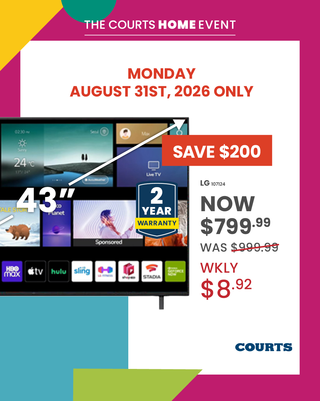 Courts Home Event – Save $200 on LG 43" Smart TV & More from $799.99