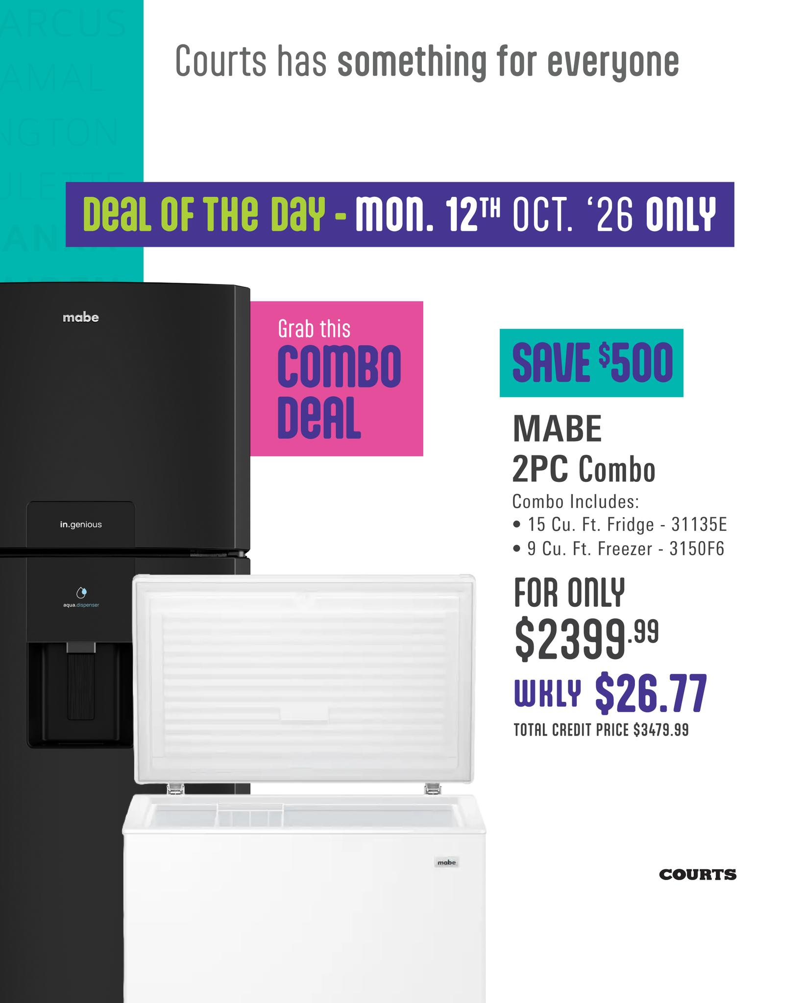 Courts Mabe 2-Piece Combo Deals: Save $500 + Chance to Win $1,500 in Free Groceries