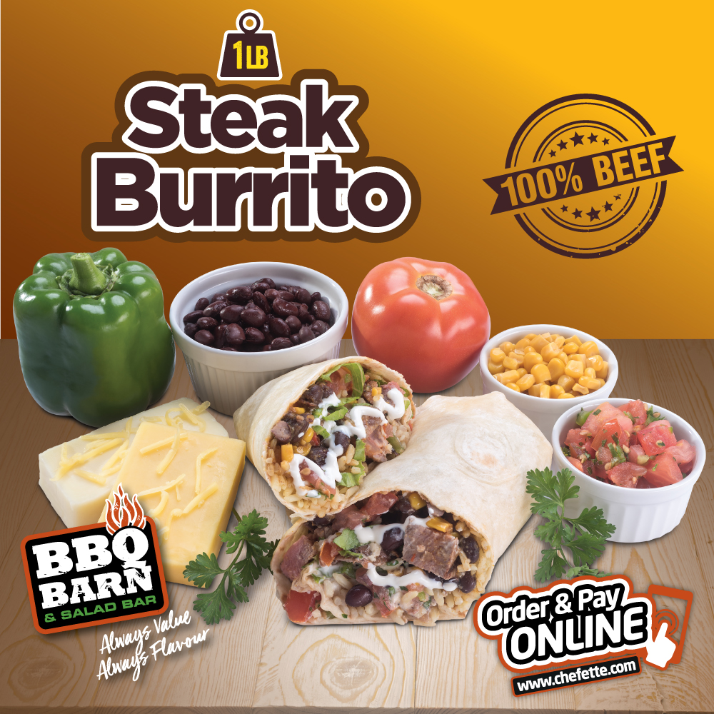 Steak Burrito is Back – Platter $32 or Burrito Alone $26 at Chefette
