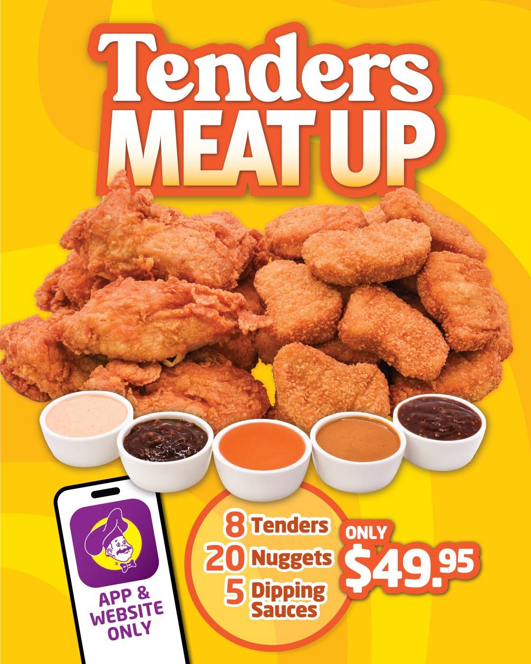 Tenders MEATUP – 8 Tenders, 20 Nuggets & 5 Dipping Sauces for $49.95