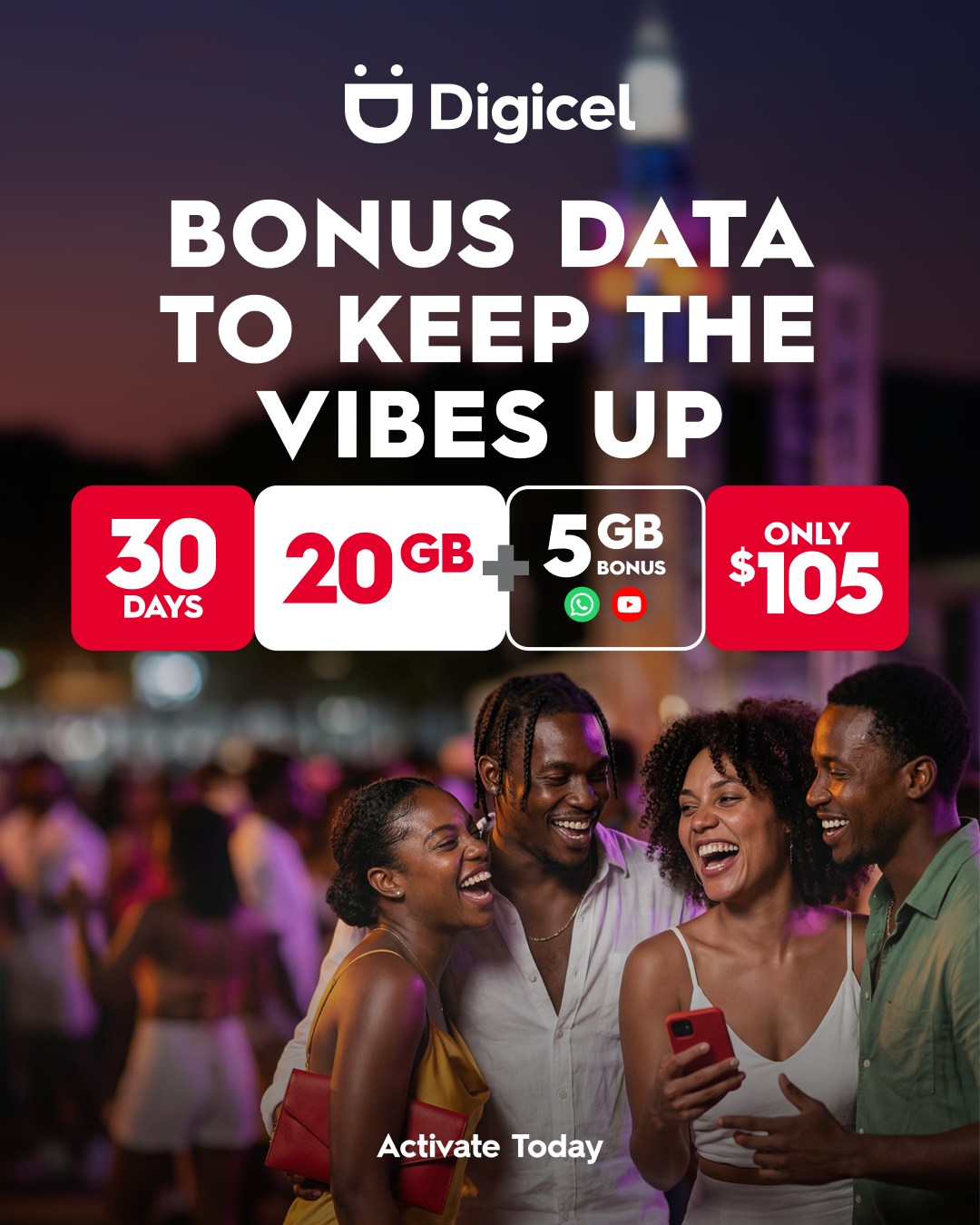Digicel Prepaid Bundle: 20GB + 5GB Bonus for WhatsApp & YouTube – Only $105