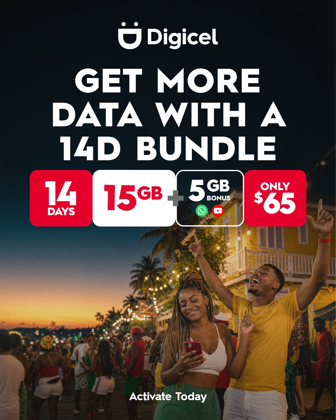 Digicel Barbados 14-Day Prepaid Bundle – 15GB + 5GB Bonus for $65