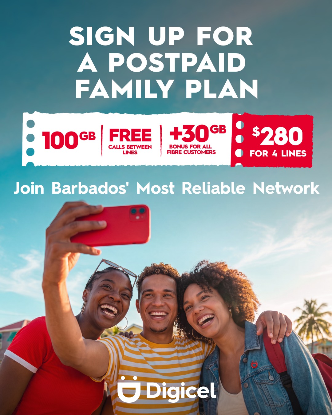 Digicel Postpaid Family Plan – 4 Lines for $280 with 100GB Data