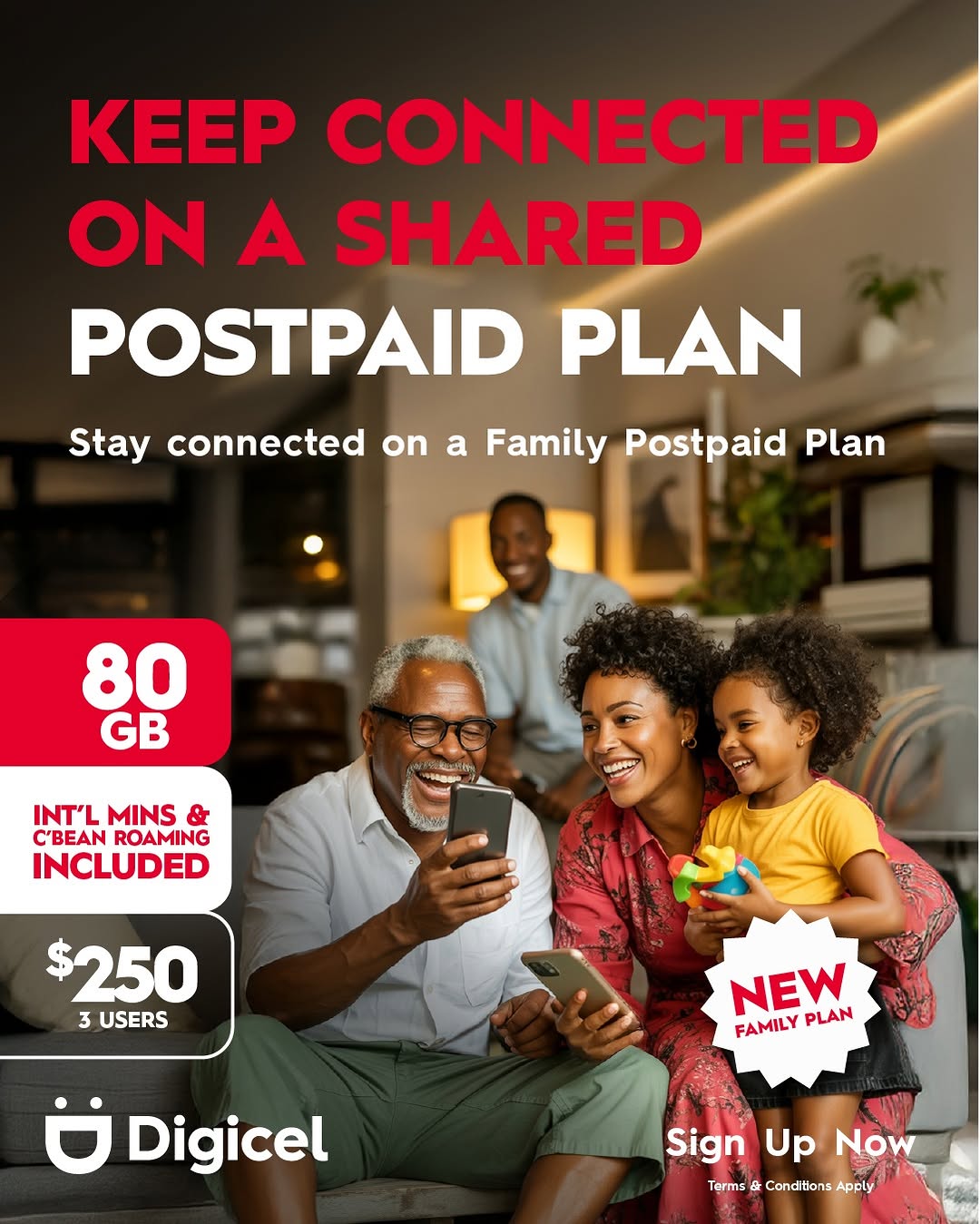 Digicel New Family Postpaid Plans – 2 Lines 60GB for $205/mo or 3 Lines 80GB for $250/mo