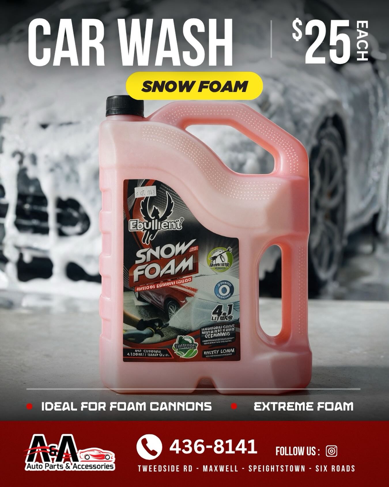 Ebullient Snow Foam Car Wash – $25 Each (4.1L)