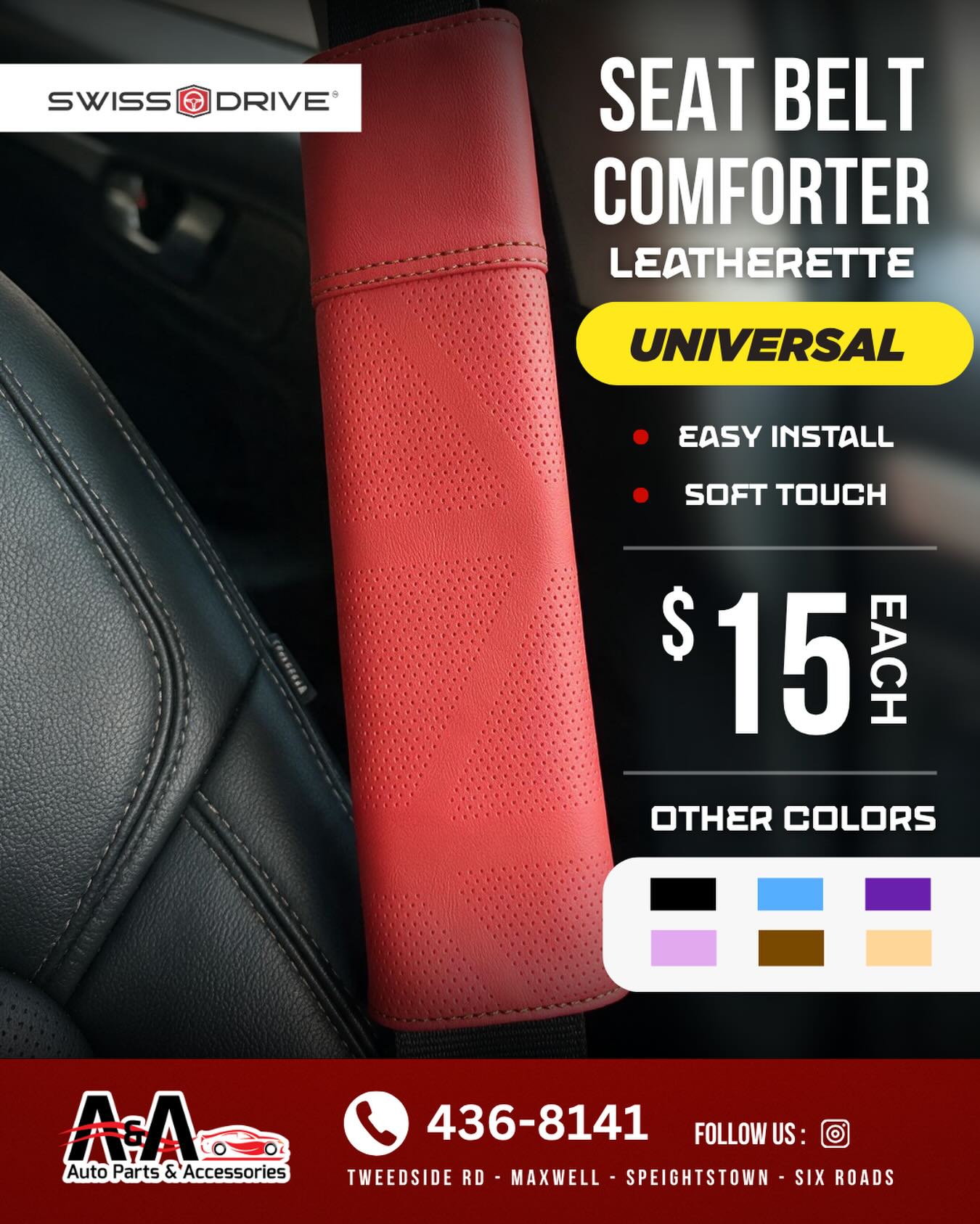 Swiss Drive Seat Belt Comforter – Leatherette – $15 Each