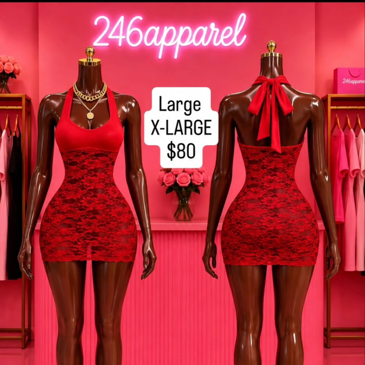 Red Lace Halter Mini Dress – Large & X-Large at $80