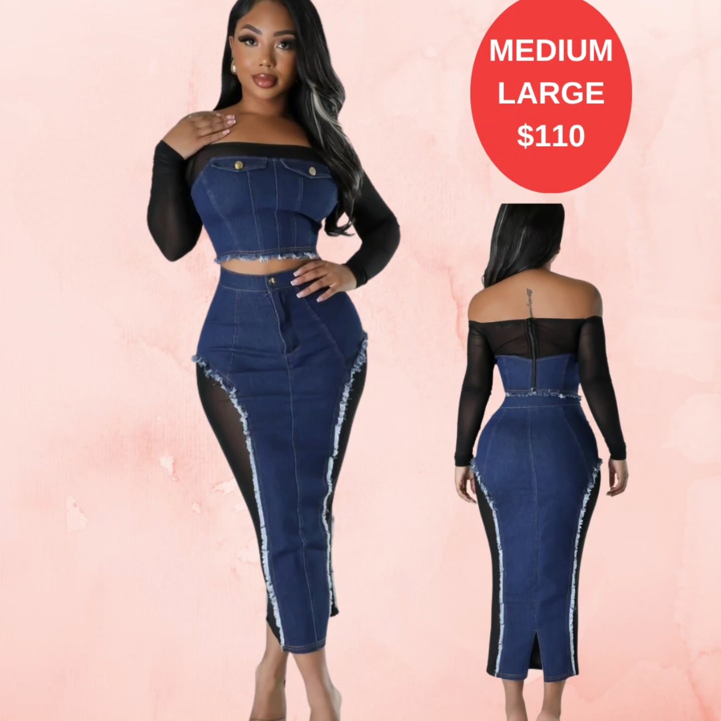 Denim & Mesh Two-Piece Set – Medium & Large Available at $110