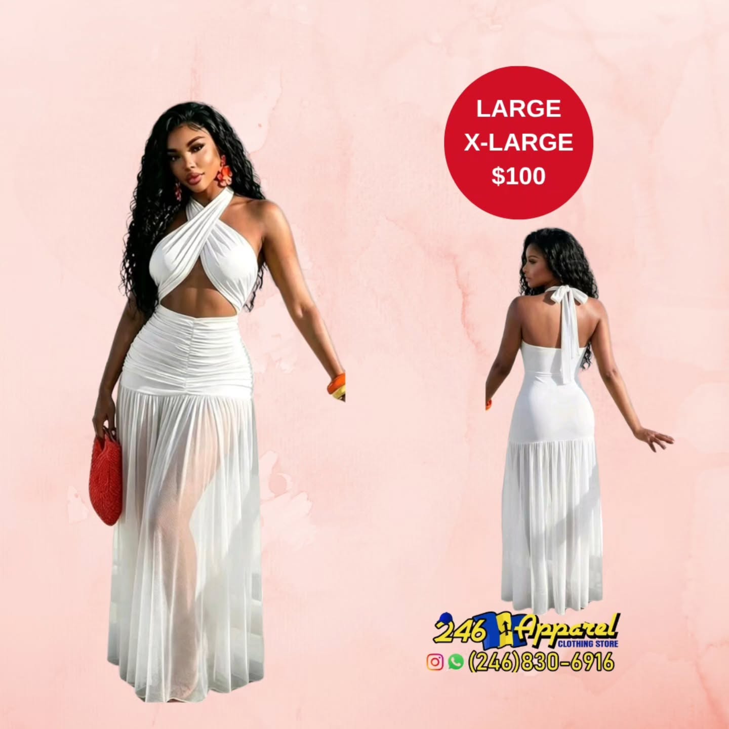 White Halter Maxi Dress – Large & X-Large Available for $100