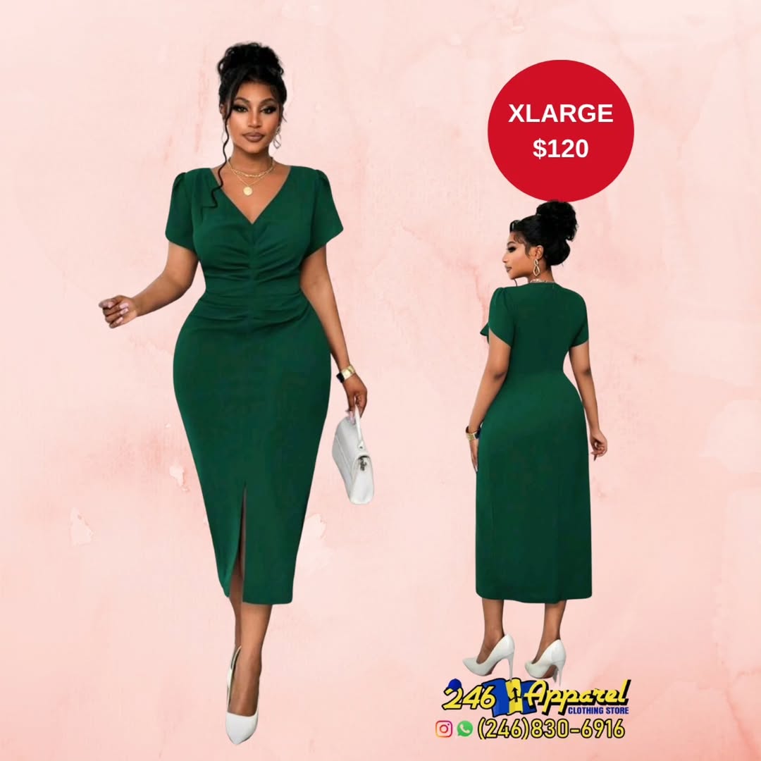 Green Ruched V-Neck Midi Dress – XLarge $120