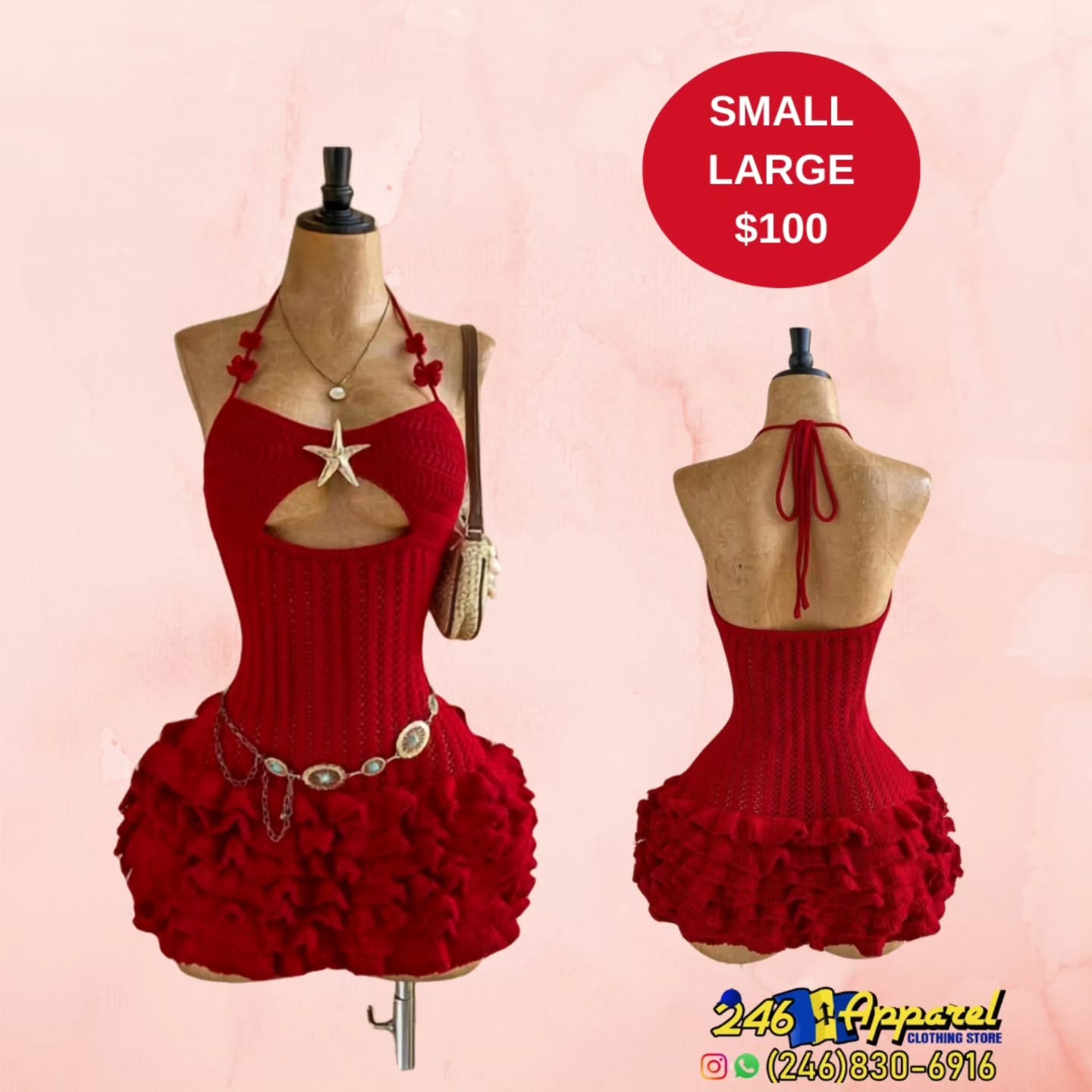 Red Knit Ruffle Dress – Small & Large Available at $100