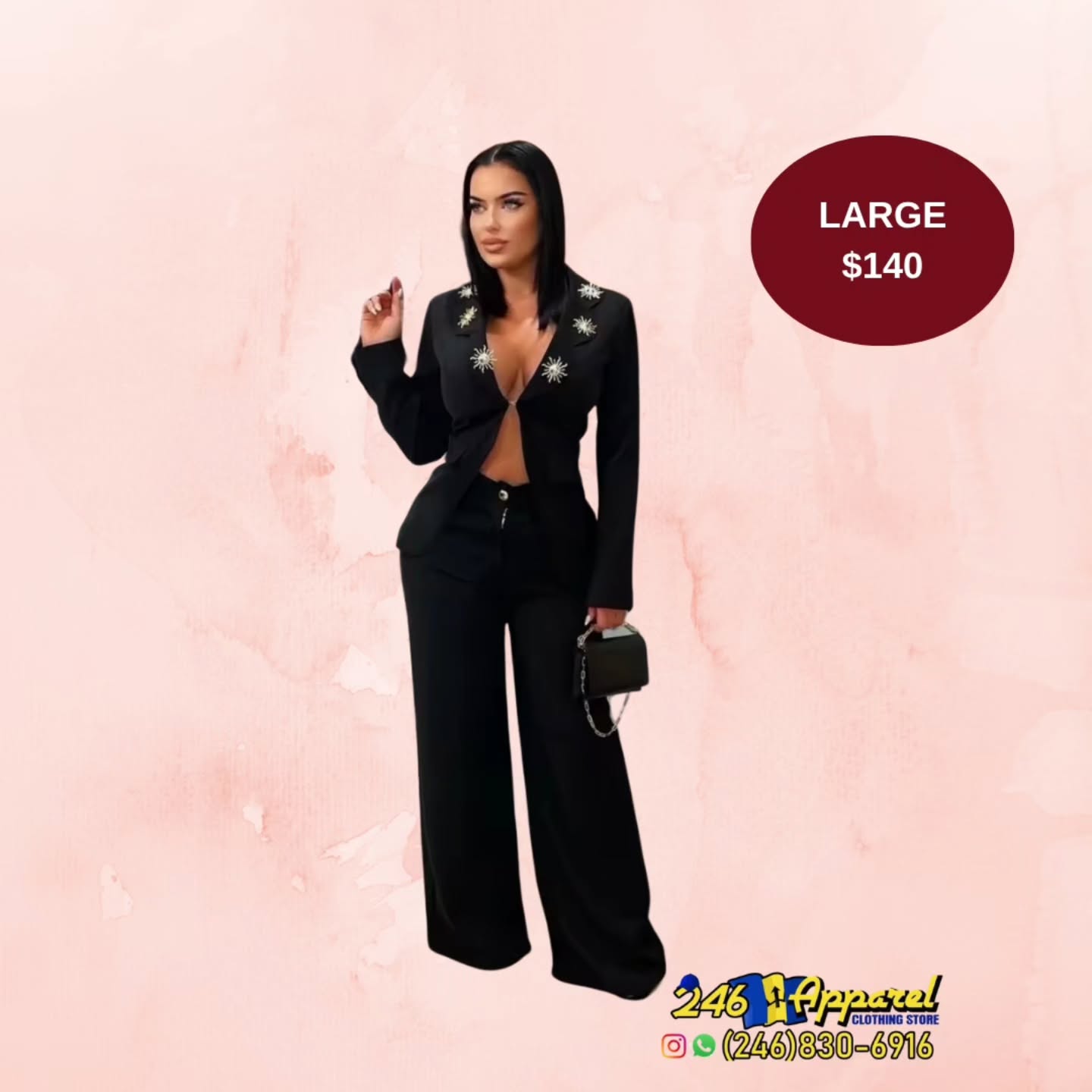 Black Embellished Blazer & Wide-Leg Pants Set – Size Large $140
