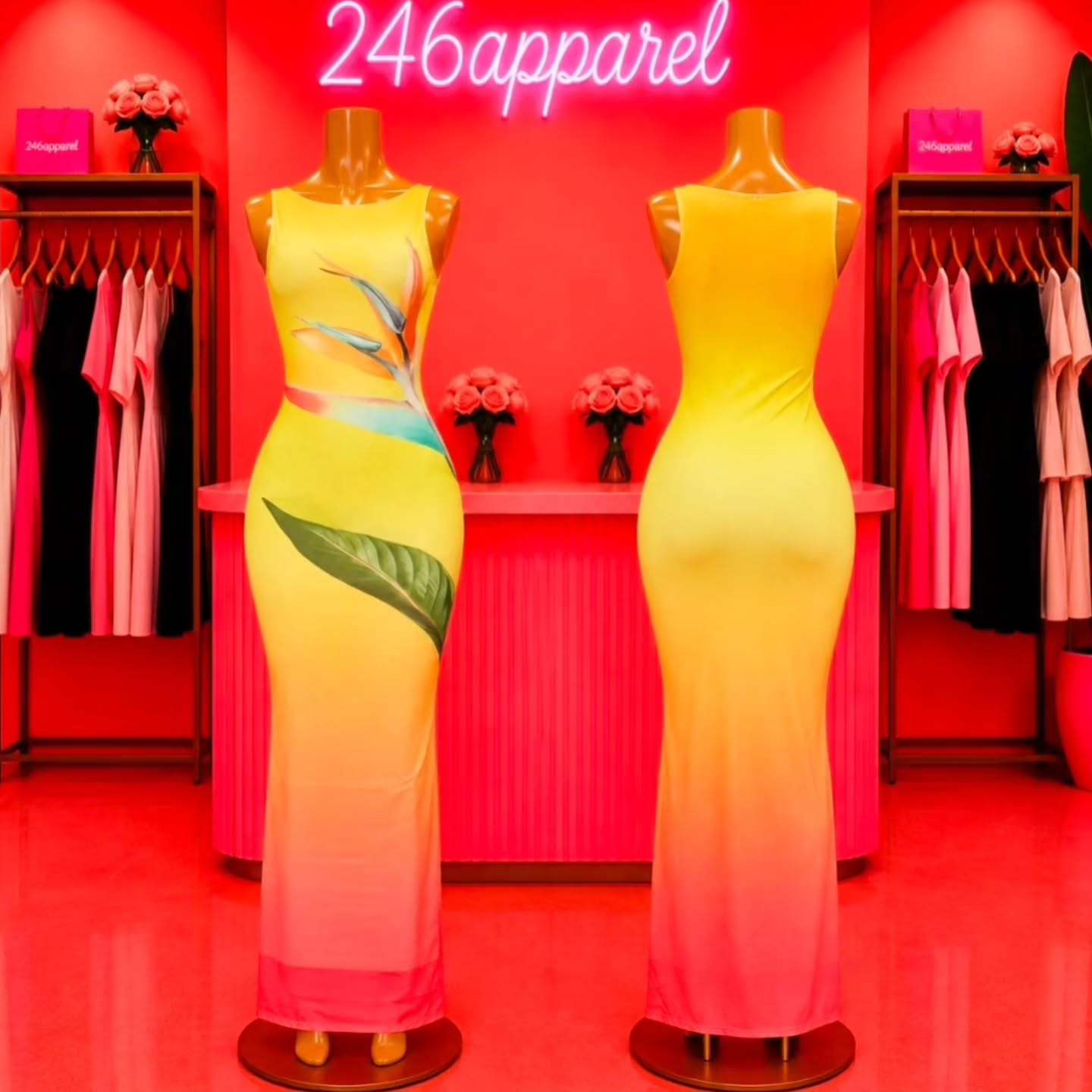 246 Apparel – X-Large Tropical Print Maxi Dress at $80