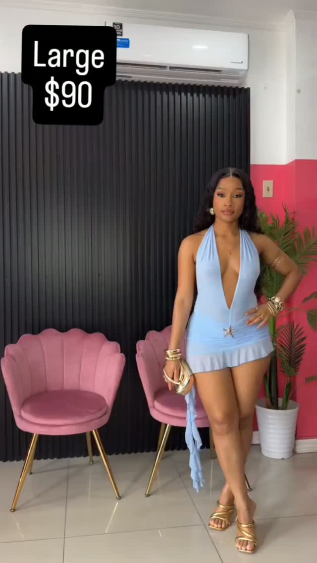 Light Blue Halter Mini Dress – Large Size for $90