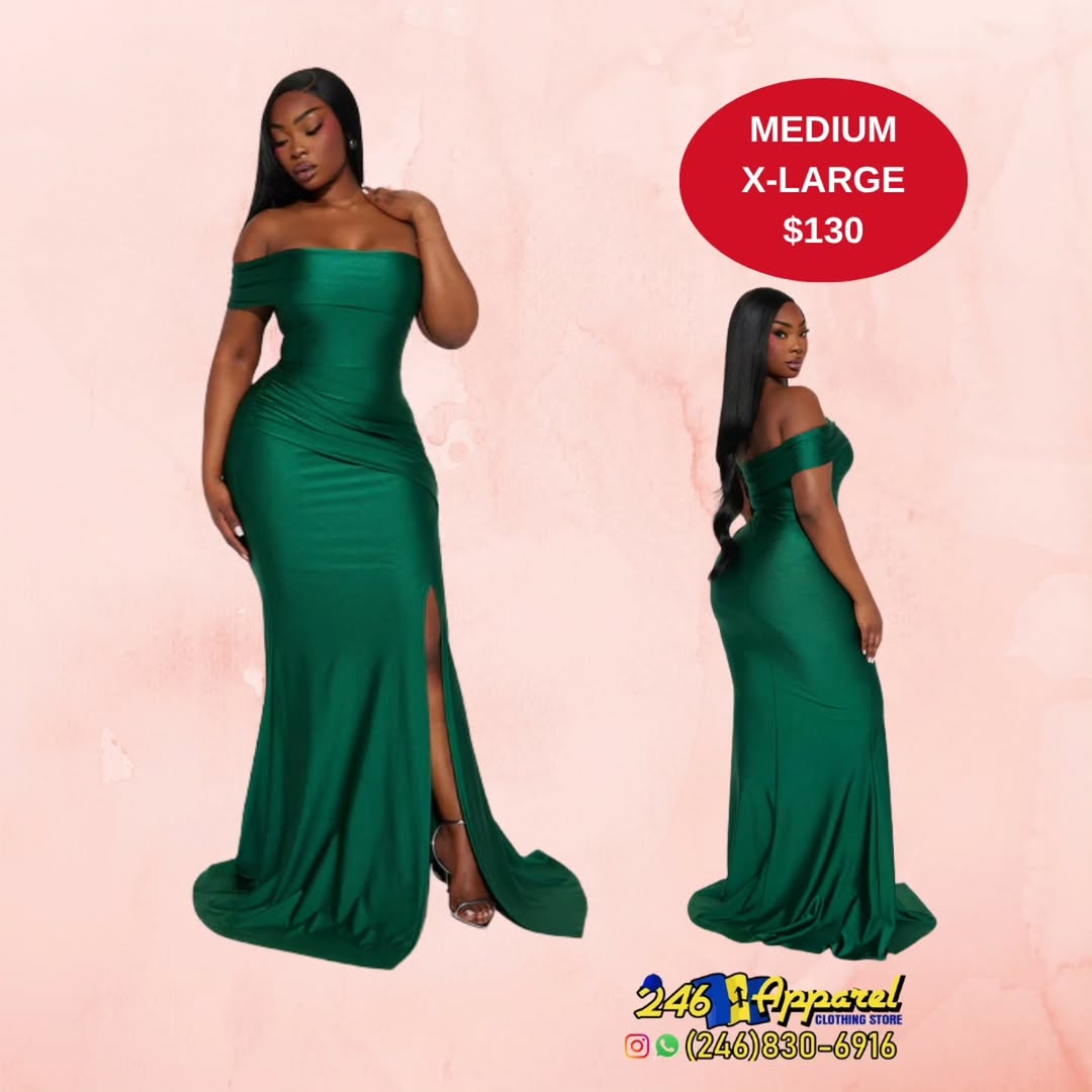 Green Off-Shoulder Gown – Medium & X-Large Available at $130