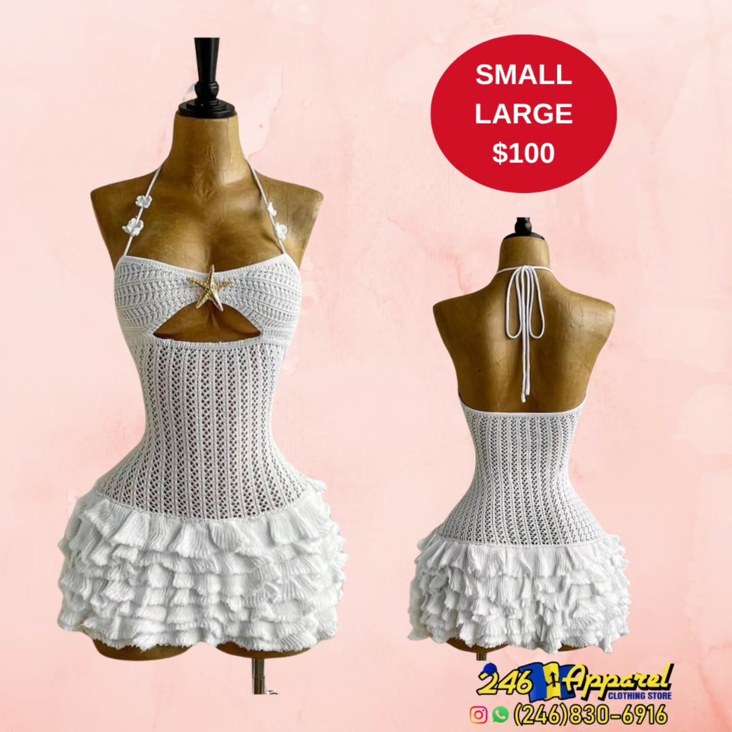 White Crochet Ruffle Dress – Small & Large Available at $100