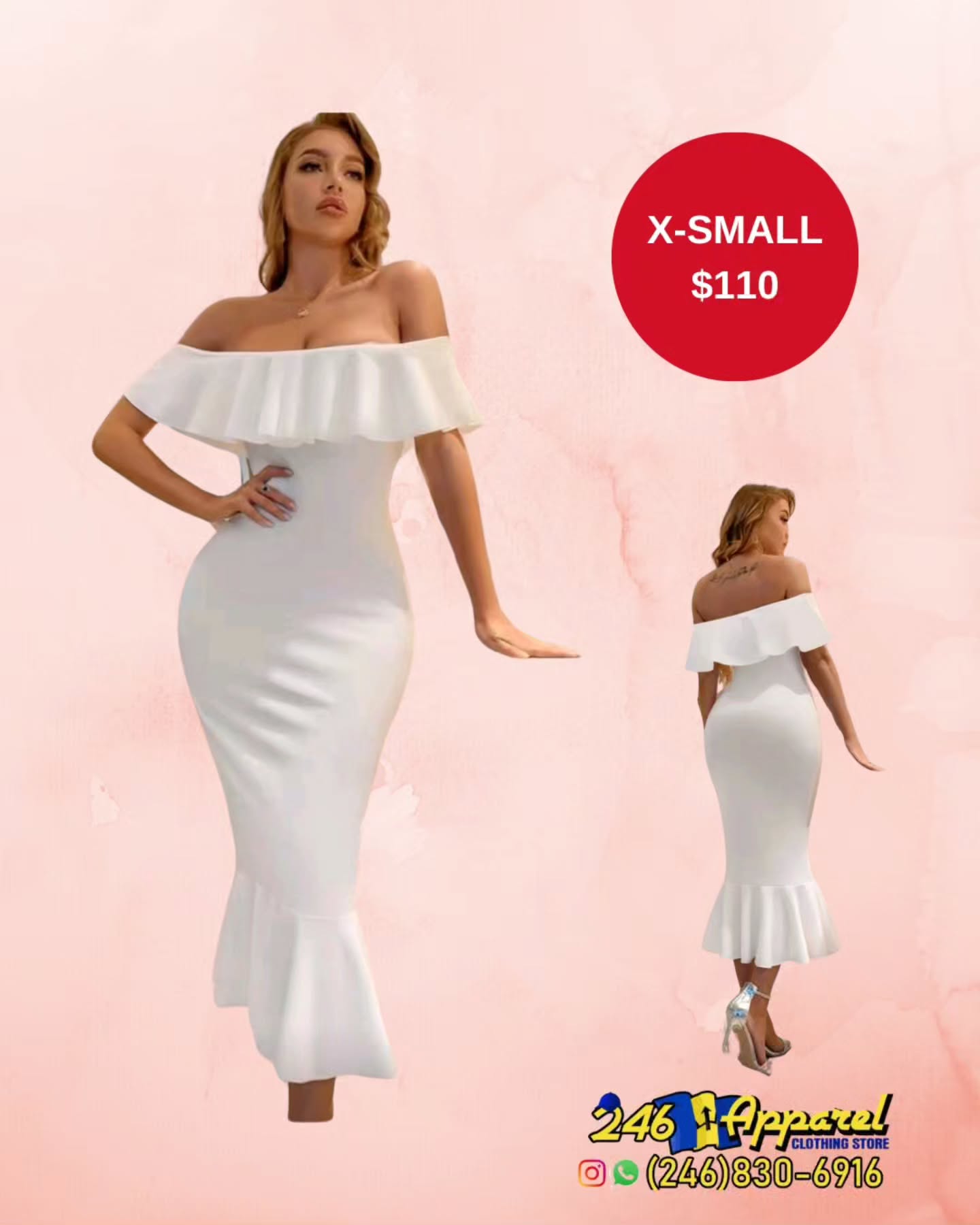 White Off-Shoulder Ruffle Midi Dress – X-Small $110