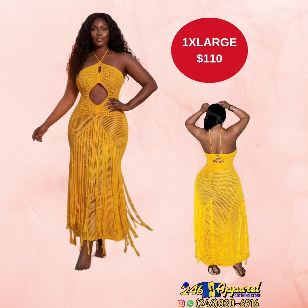 Yellow Crochet Fringe Dress – 1XL for $110 at 246 Apparel