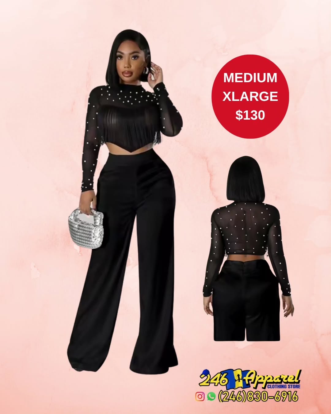 Black Pearl Mesh Crop Top & Wide Leg Pants Set – $130 (Medium & XLarge)