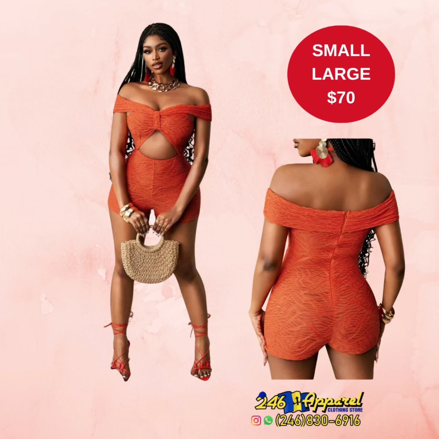 Orange Off-Shoulder Cutout Romper – $70 (Small & Large Available)