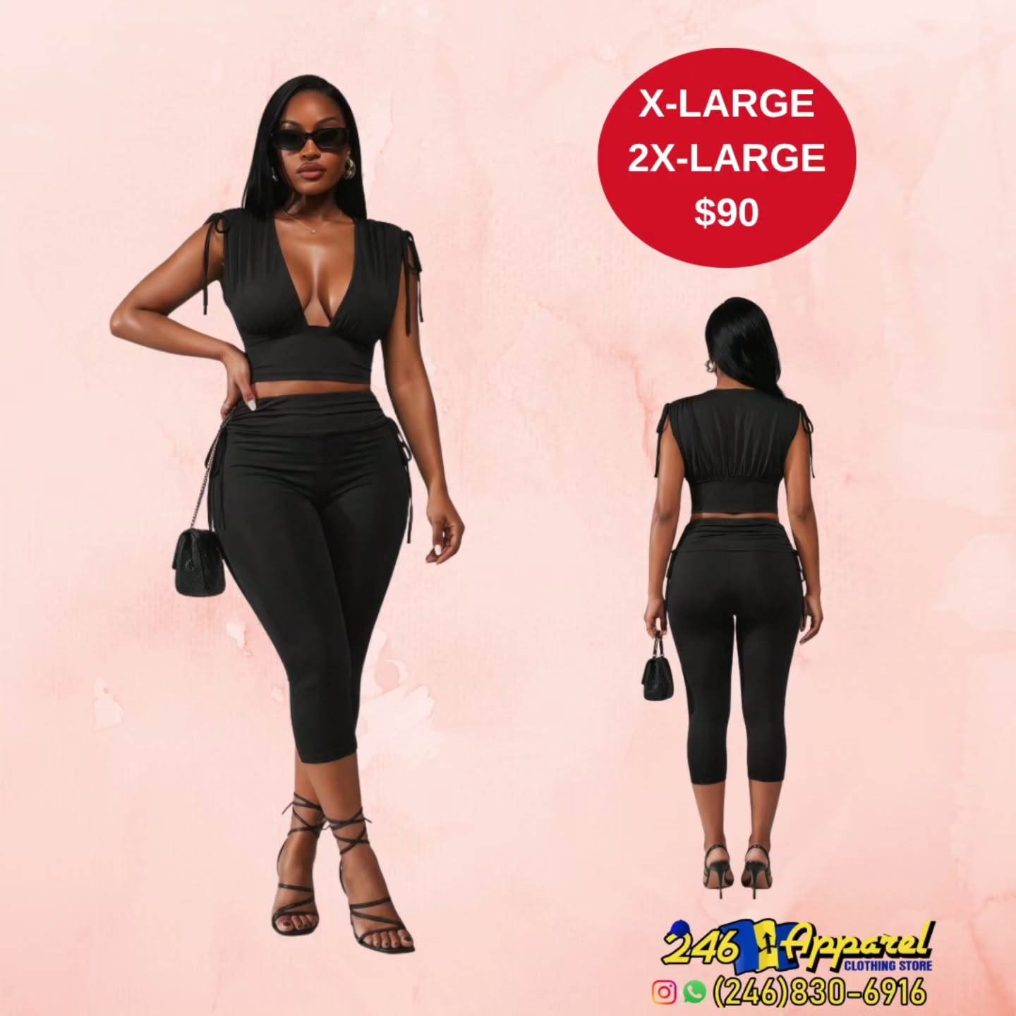Black Two-Piece Set (Crop Top & Capri Leggings) – $90 in XL & 2XL