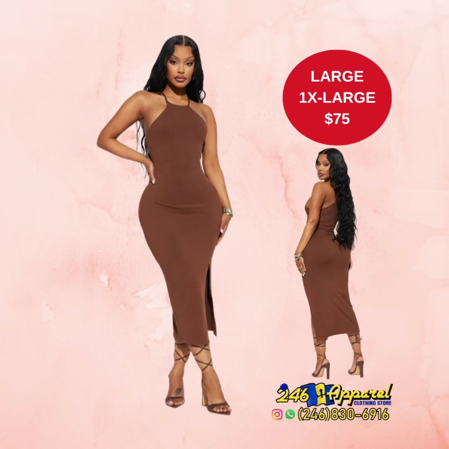 Brown Halter Midi Dress – Large & 1X-Large for $75
