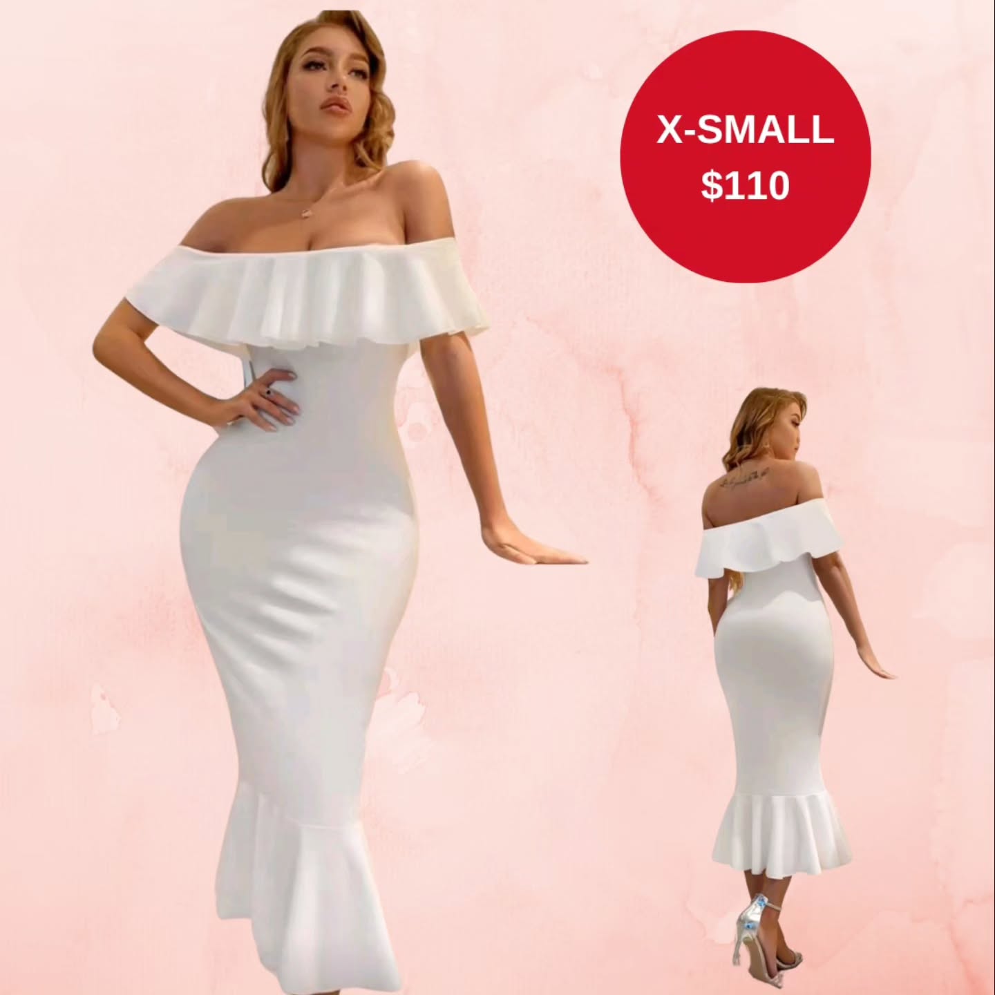 White Off-Shoulder Ruffle Mermaid Dress – X-Small $110