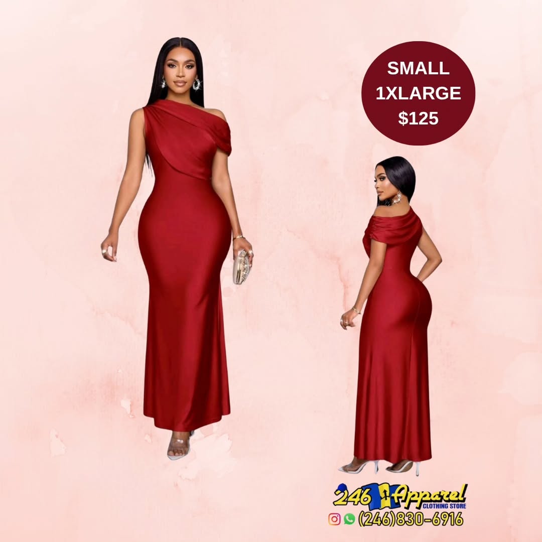 Red Satin Off-Shoulder Maxi Dress – $125 (Small to 1XL)