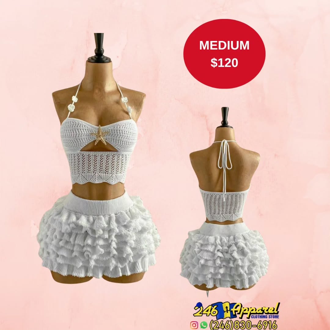 White Crochet Crop Top & Ruffle Skirt Set – Medium $120