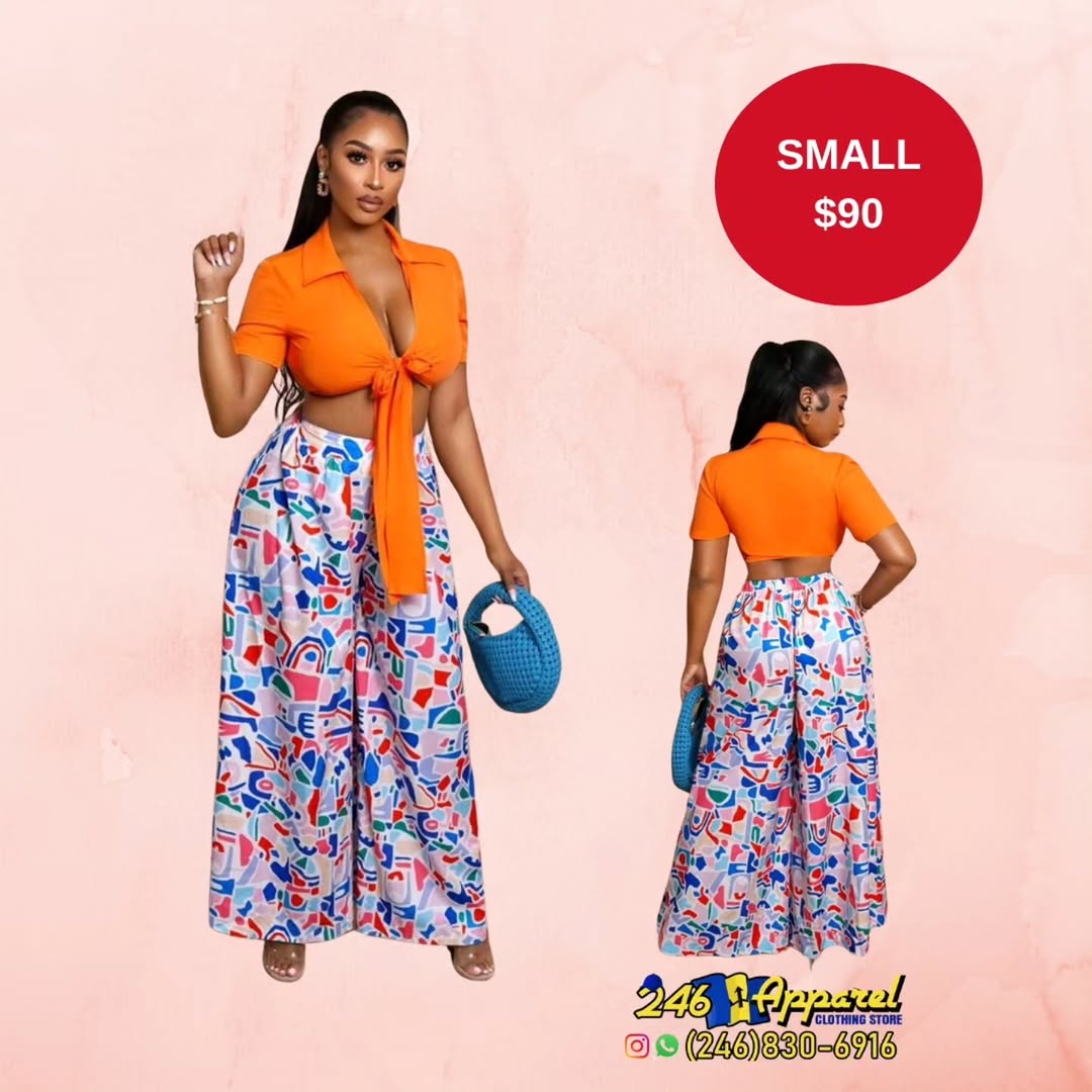 Women's Orange Tie-Front Crop Top & Wide-Leg Pants Set – Small $90