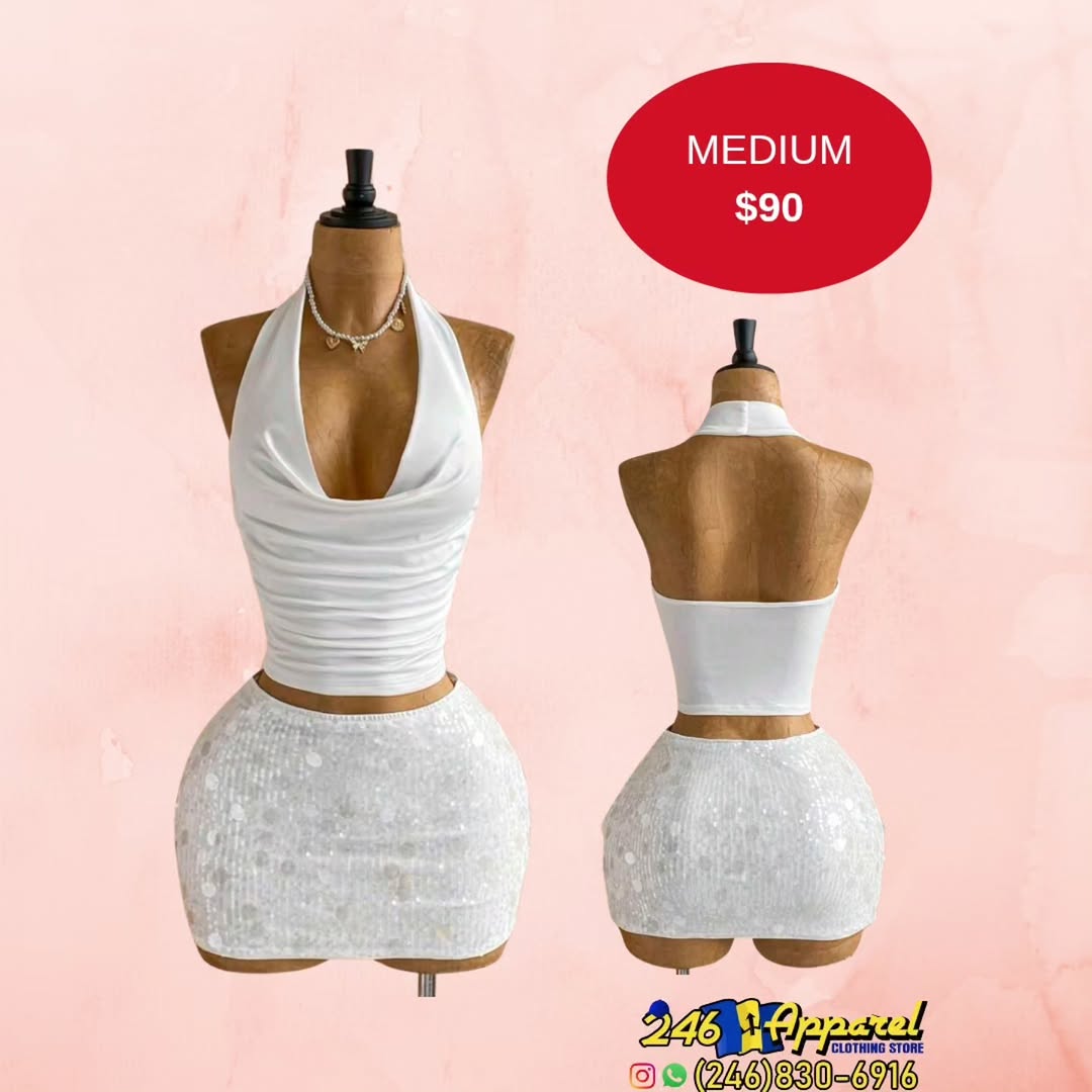 White Halter Crop Top & Sequin Mini Skirt Set – Medium $90