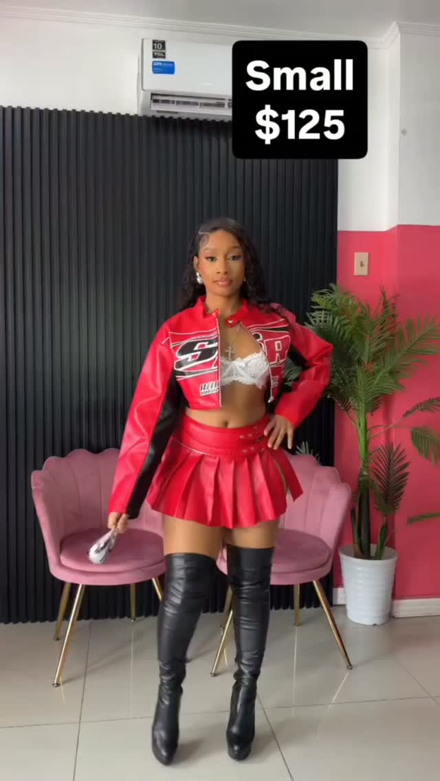 Red Leather Racing Jacket & Skirt Set – Size Small $125