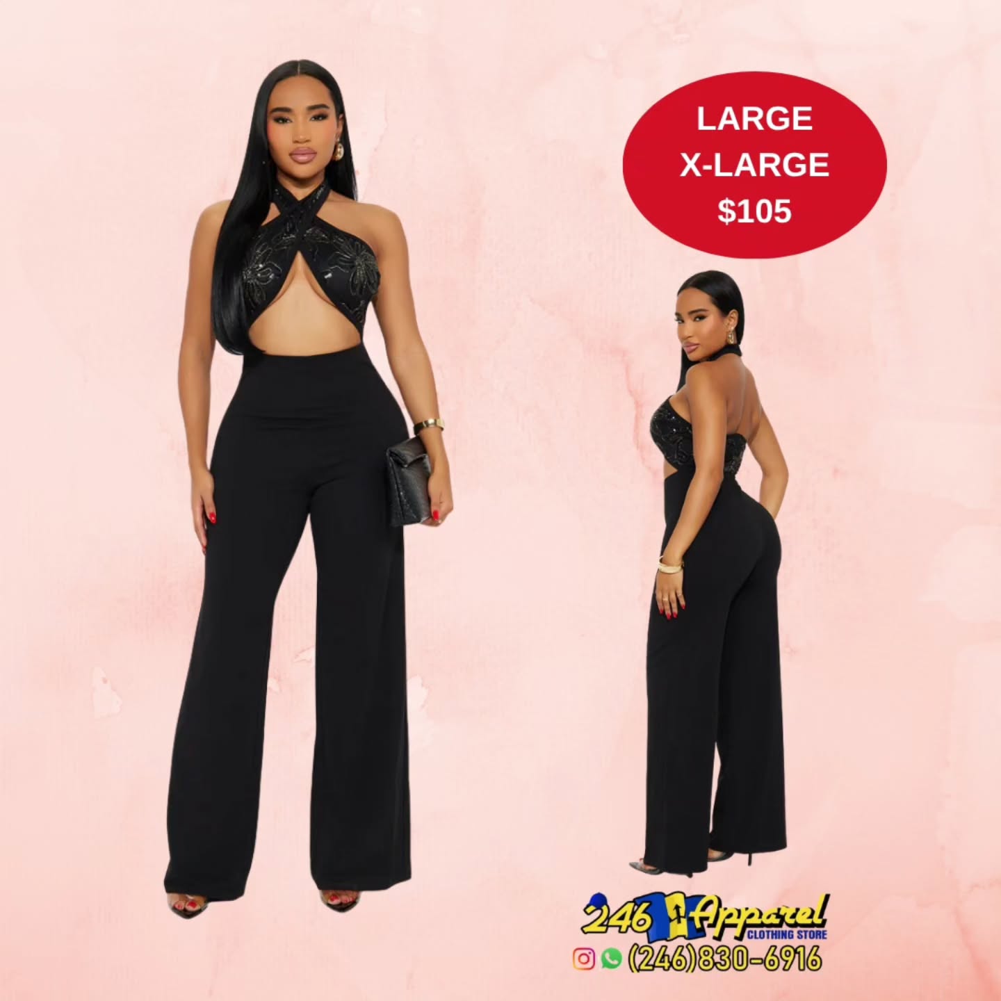 Black Halter Jumpsuit – Large & X-Large Available for $105