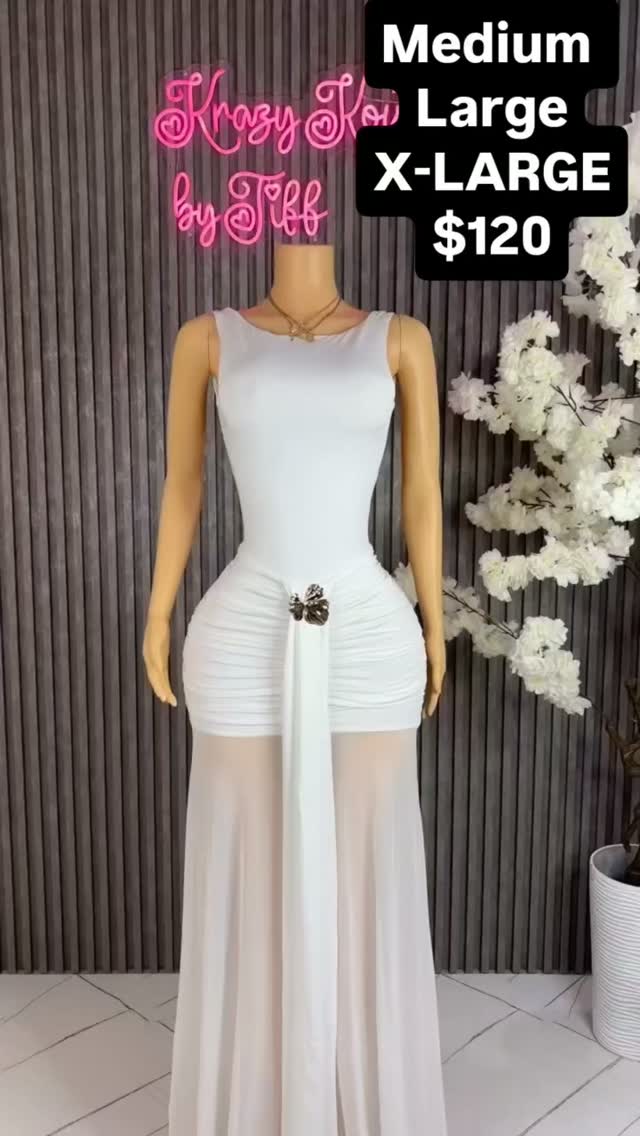 White Ruched Dress – Medium, Large & X-Large Available at $120