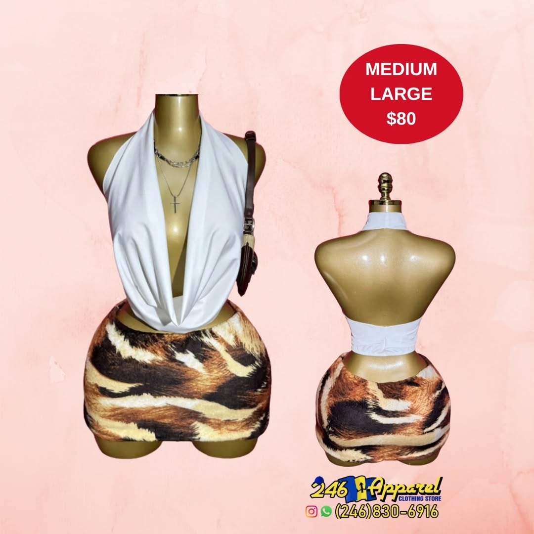 Women's Two-Piece Set (White Halter Top & Tiger Print Skirt) – $80 | Sizes M & L Available