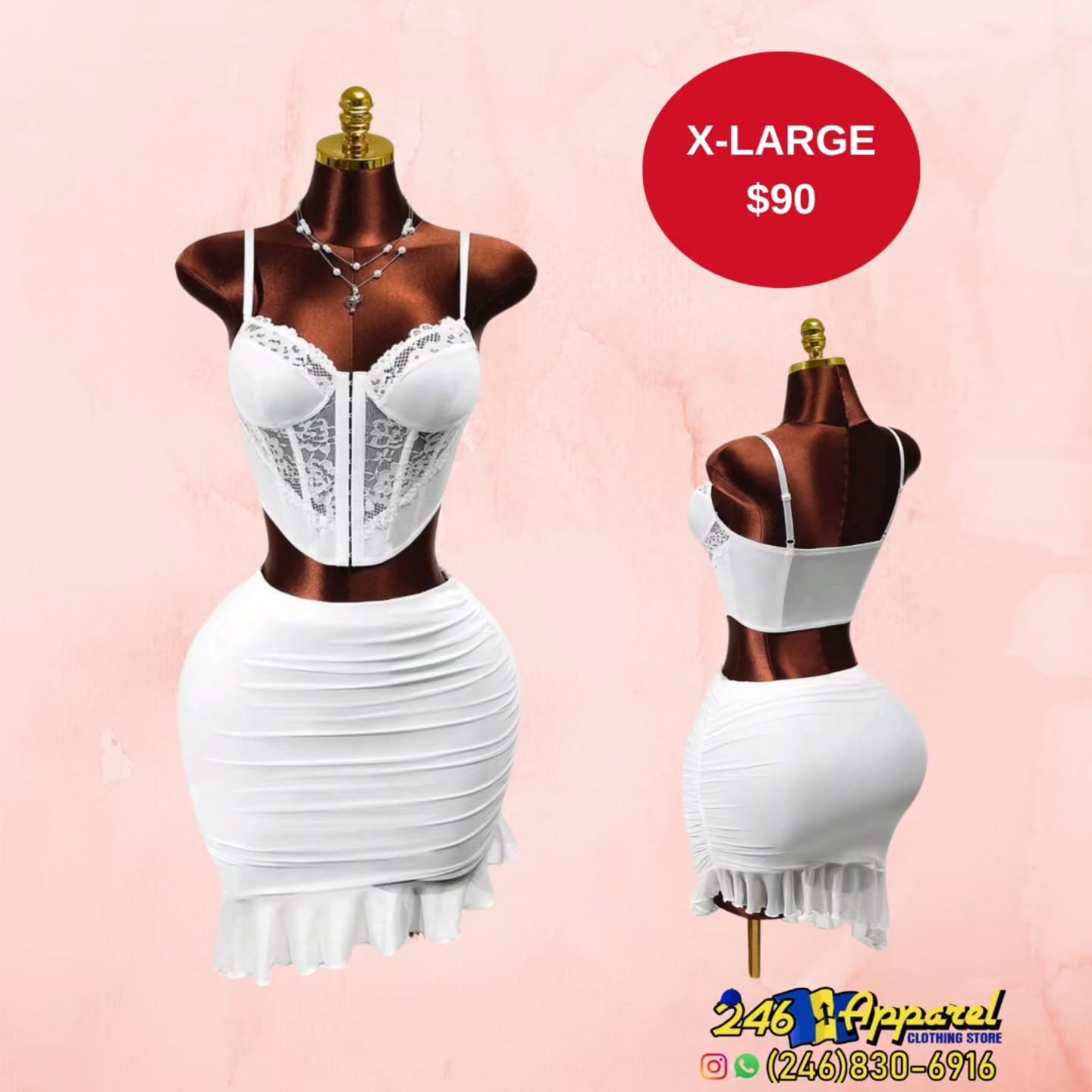 White Lace Corset & Ruched Skirt Set – X-Large $90