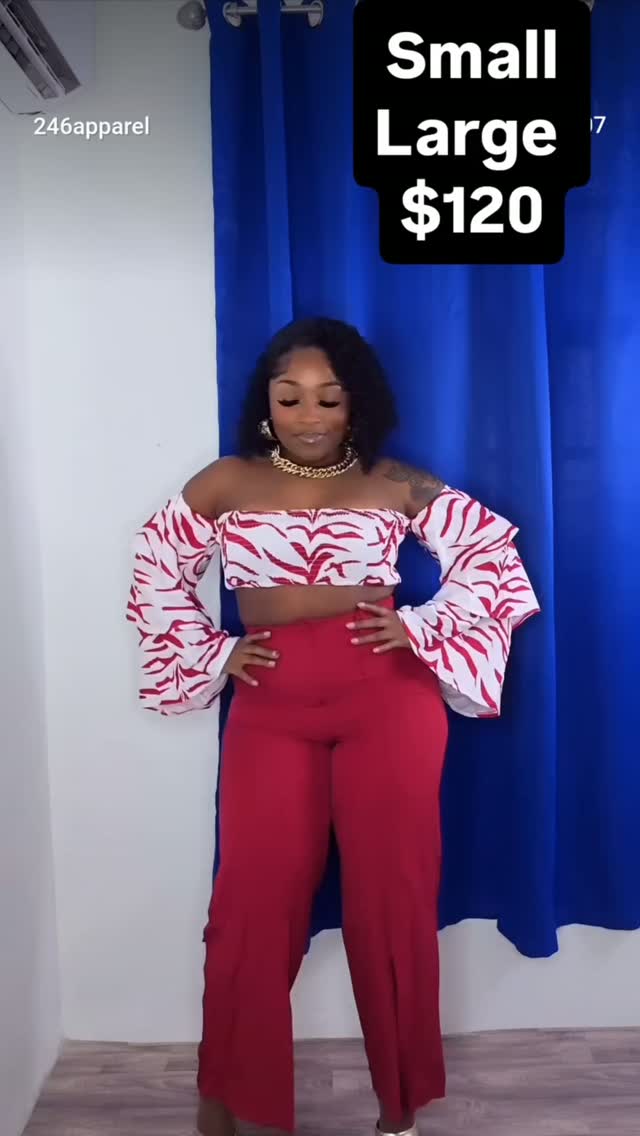Red & White Off-Shoulder Crop Top Set – $120 (Small & Large Available)