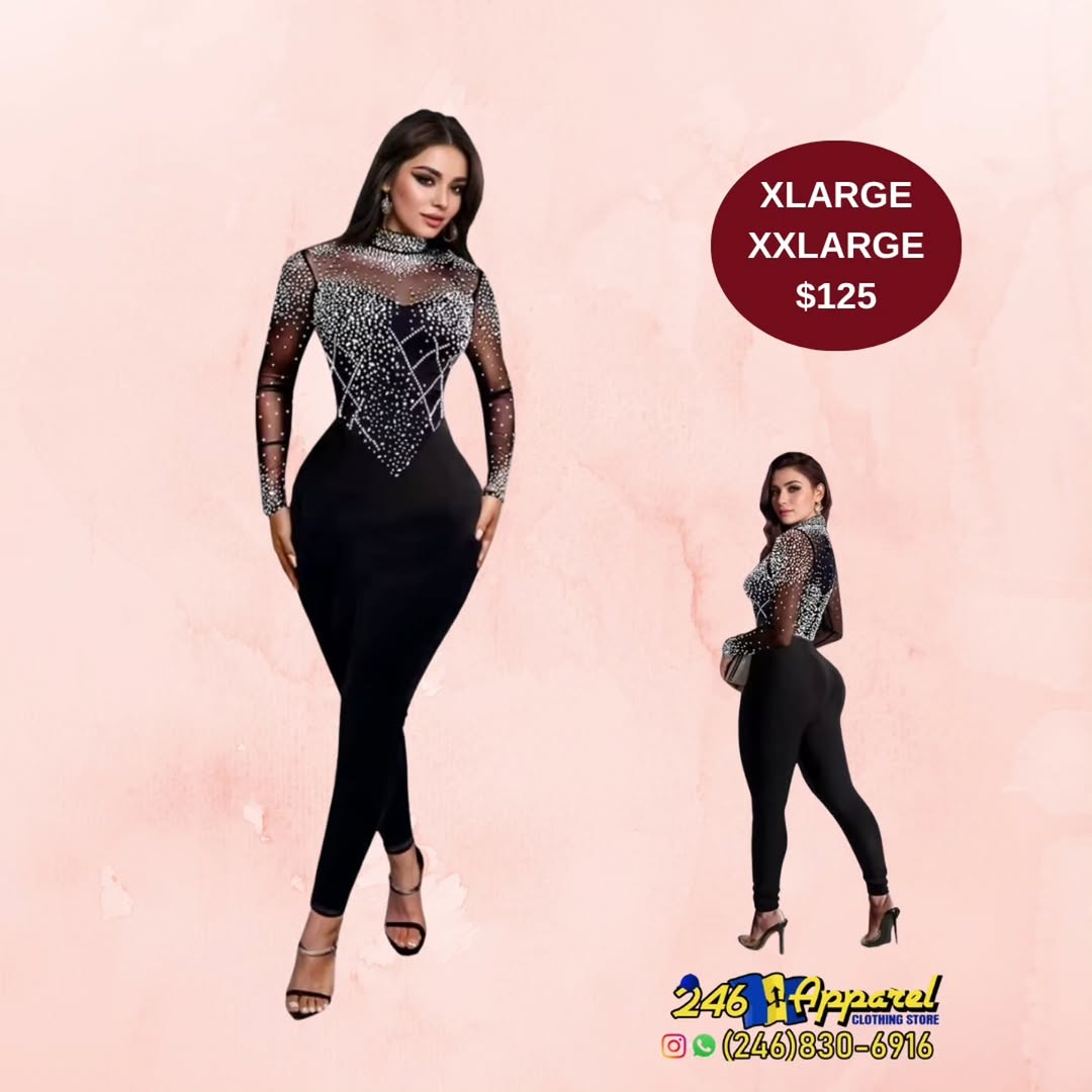 Rhinestone Mesh Jumpsuit – XL & XXL Available at $125