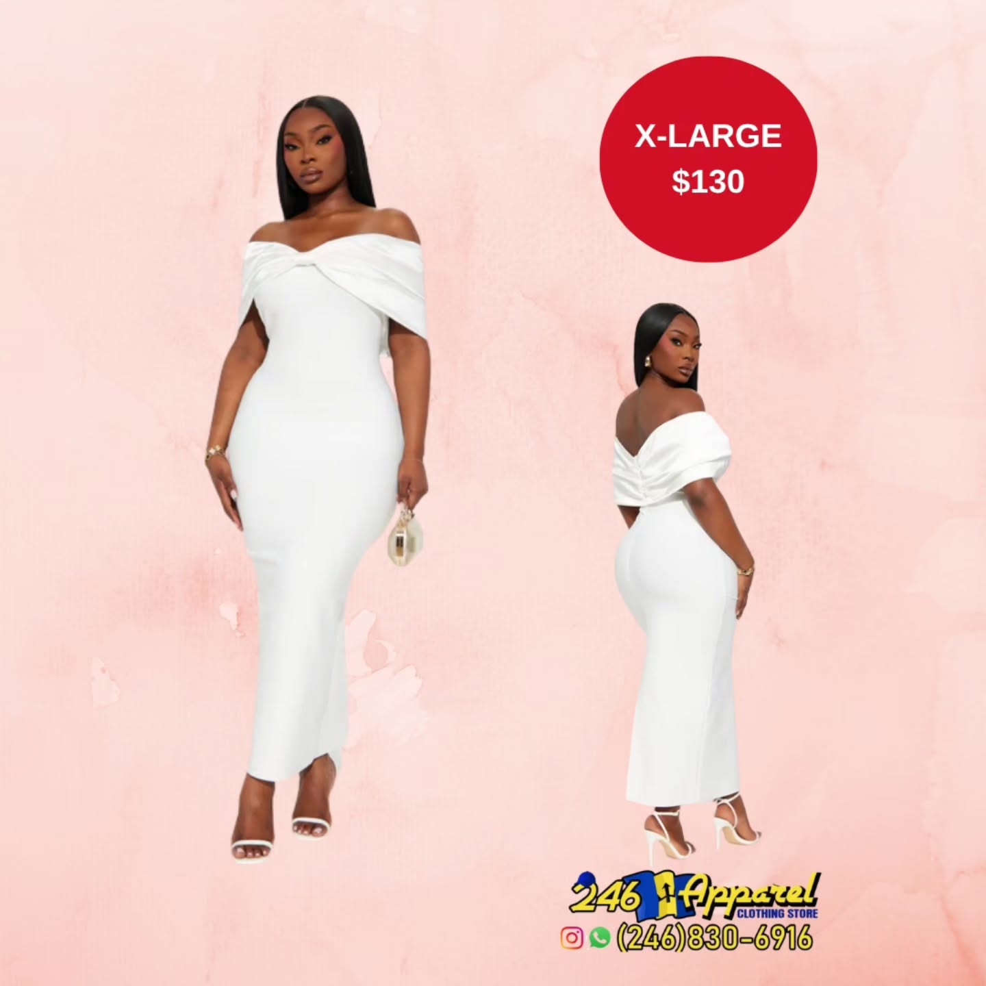 White Off-Shoulder Midi Dress – X-Large $130