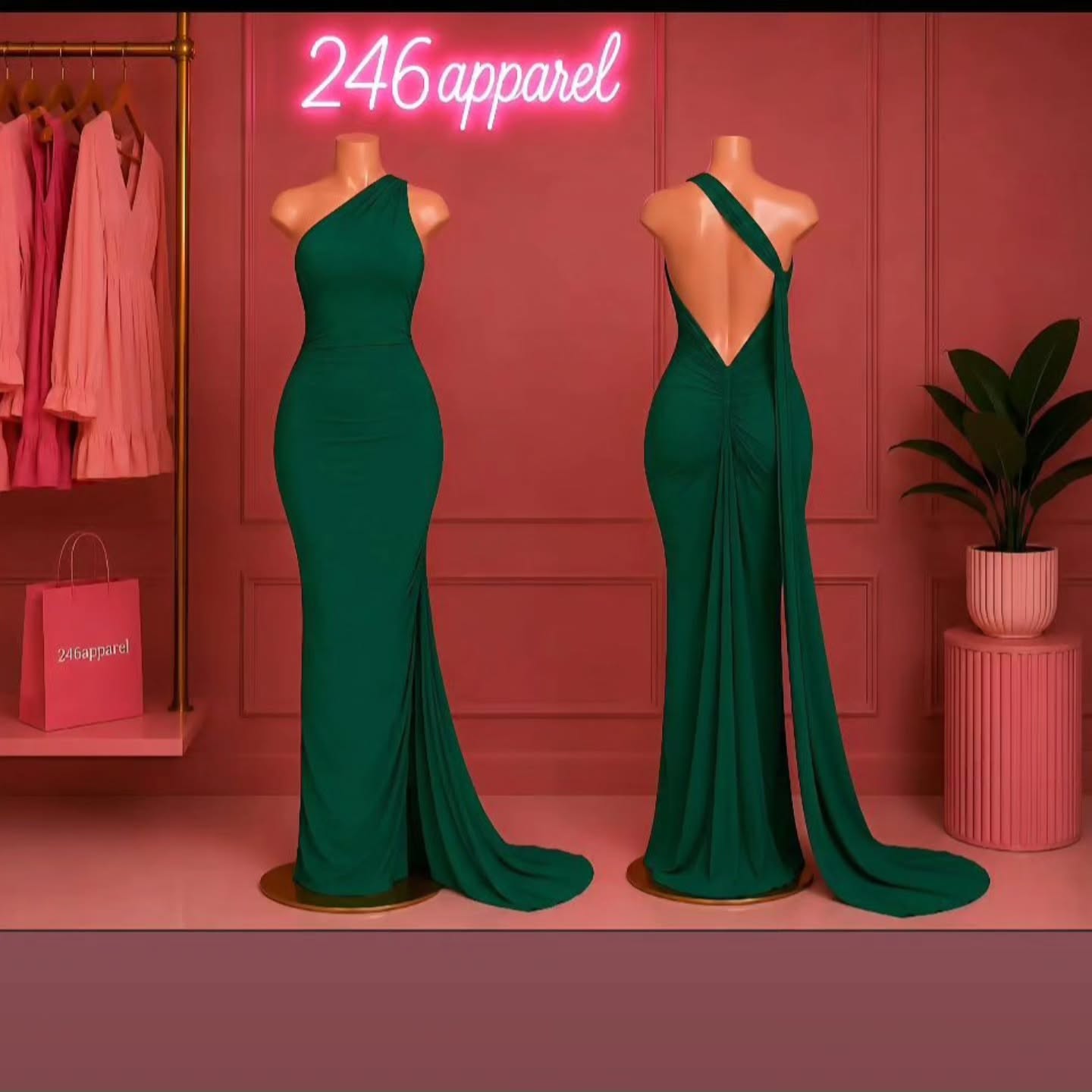 Green One-Shoulder Gown – $100 at 246 Apparel