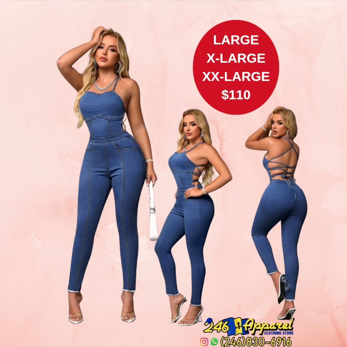 Denim Romper / Jumpsuit — Sizes S to 3XL at $110